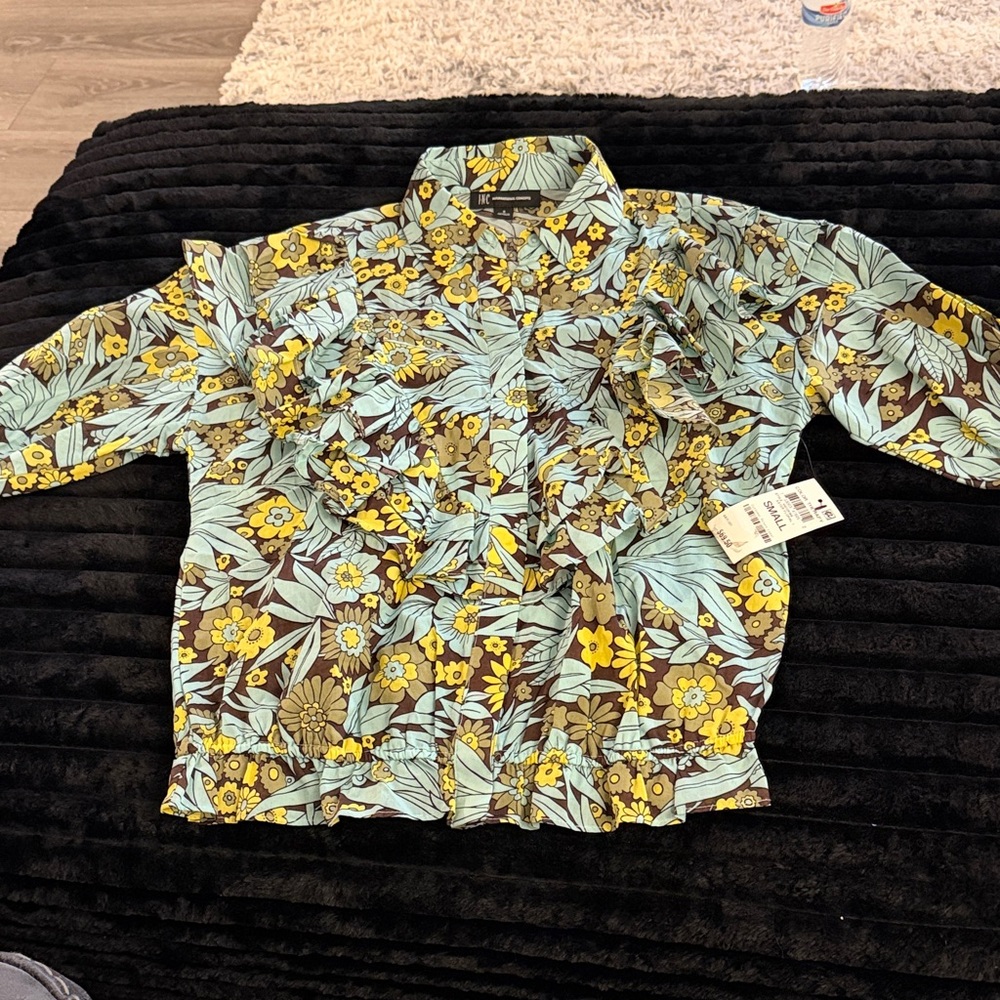 INC International Concepts Floral Button Down Shirt - Yellow, Brown, Blue